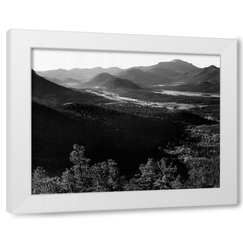 Valley surrounded by mountains,  in Rocky Mountain National Park, Colorado, ca. 1941-1942 White Modern Wood Framed Art Print by Adams, Ansel