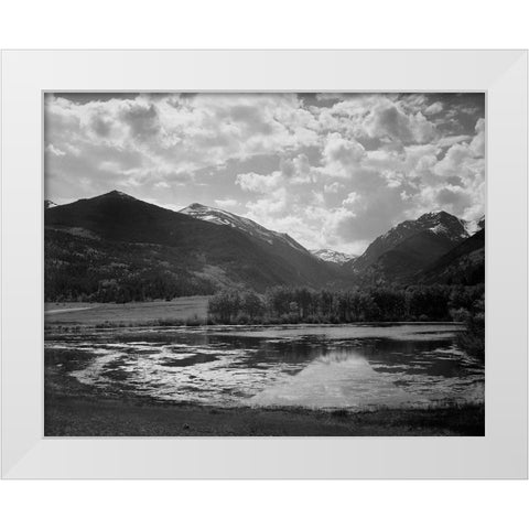 Lake and trees in foreground, mountains and clouds in background, in Rocky Mountain National Park, C White Modern Wood Framed Art Print by Adams, Ansel