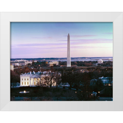 Dawn over the White House, Washington Monument, and Jefferson Memorial, Washington, D.C. White Modern Wood Framed Art Print by Highmith, Carol