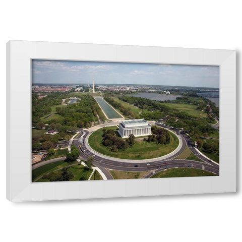 Aerial of Mall showing Lincoln Memorial, Washington Monument and the U.S. Capitol, Washington, D.C. White Modern Wood Framed Art Print by Highmith, Carol