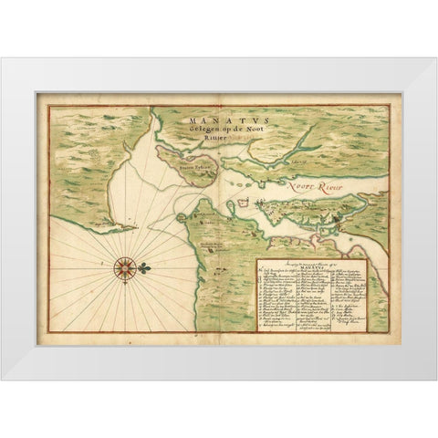 Map of New York City Region - Manatvs gelegen op de Noot Riuier, 1639 White Modern Wood Framed Art Print by Vinckeboons, Joan