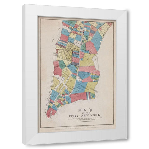 Map of the City of New York showing original high water line and the location of different Farms and White Modern Wood Framed Art Print by New York Common Council