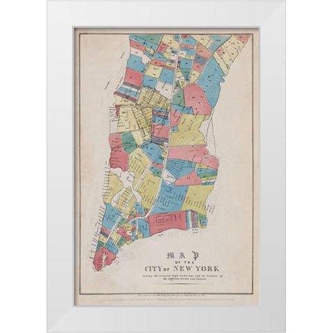 Map of the City of New York showing original high water line and the location of different Farms and White Modern Wood Framed Art Print by New York Common Council