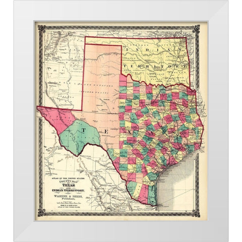 County Map of Texas, and Indian Territory, 1874 White Modern Wood Framed Art Print by H.H. Lloyd & Co.