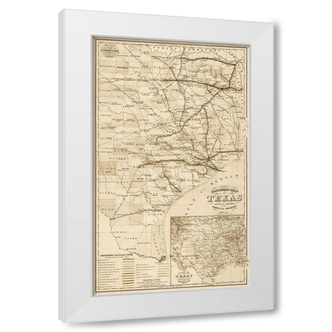 Grays railroad map of Texas - Decorative Sepia White Modern Wood Framed Art Print by O.W. Gray & Son.