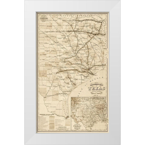Grays railroad map of Texas - Decorative Sepia White Modern Wood Framed Art Print by O.W. Gray & Son.