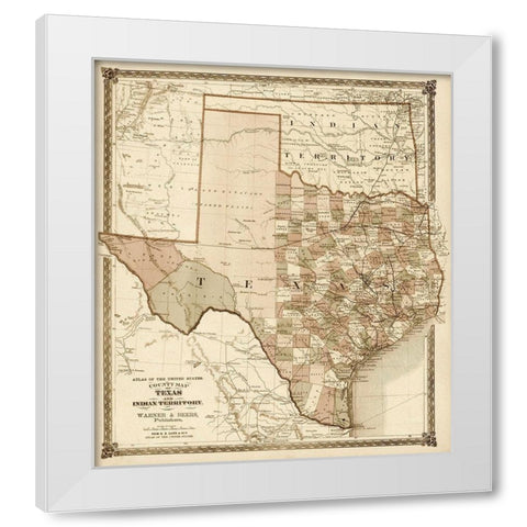 County Map of Texas, and Indian Territory, 1874 - Decorative Sepia White Modern Wood Framed Art Print by H.H. Lloyd & Co.