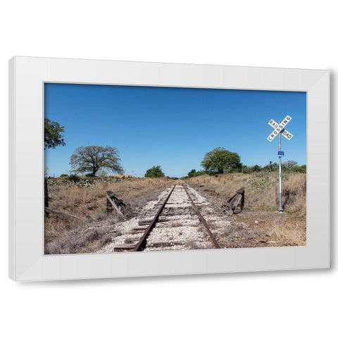 Lonely, little-used stretch of railroad tracks in the Texas Hill Country, near Burnet White Modern Wood Framed Art Print by Highmith, Carol