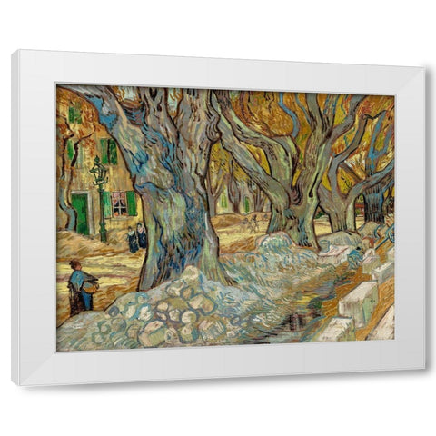 The Large Plane Trees Road Menders at Saint Remy White Modern Wood Framed Art Print by Gogh, Vincent van