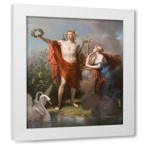 Apollo, God of Light, Eloquence, Poetry and the Fine Arts with Urania, Muse of Astronomy White Modern Wood Framed Art Print by Meynier, Charles
