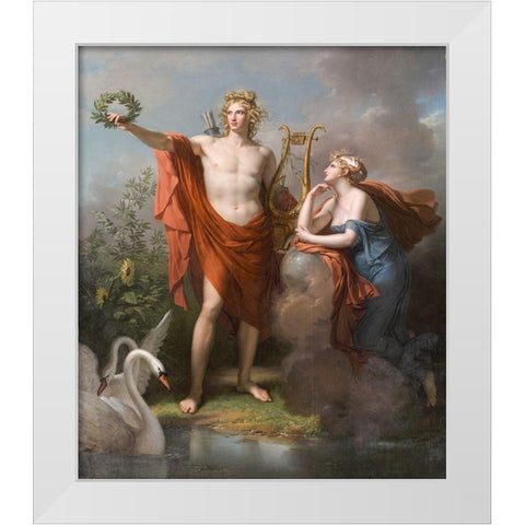 Apollo, God of Light, Eloquence, Poetry and the Fine Arts with Urania, Muse of Astronomy White Modern Wood Framed Art Print by Meynier, Charles