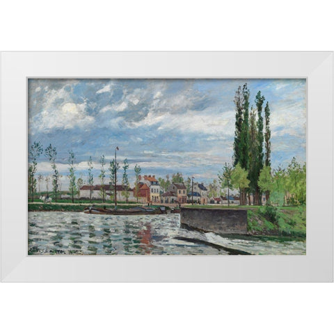 The Lock at Pontoise White Modern Wood Framed Art Print by Pissarro, Camille