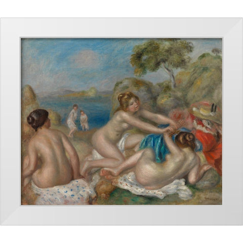 Bathers Playing with a Crab White Modern Wood Framed Art Print by Renoir, Pierre-Auguste