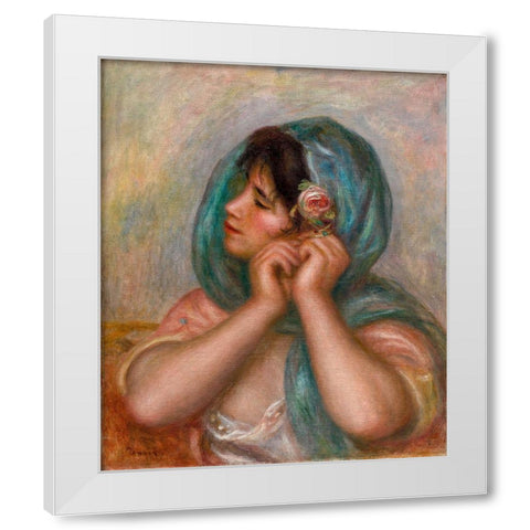 Young Woman Arranging Her Earring White Modern Wood Framed Art Print by Renoir, Pierre-Auguste