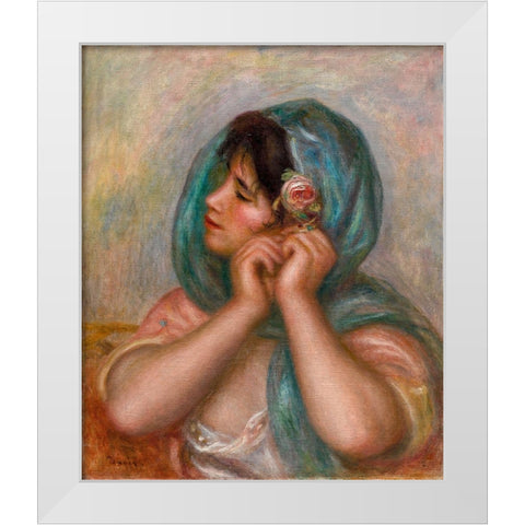 Young Woman Arranging Her Earring White Modern Wood Framed Art Print by Renoir, Pierre-Auguste
