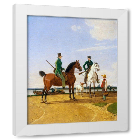 Hunter and Lord at the River Isar with View of Munich White Modern Wood Framed Art Print by Kobell, Wilhelm von