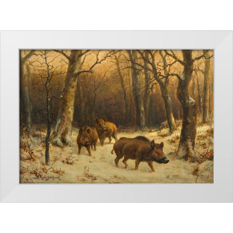 Wild Boars in the Snow White Modern Wood Framed Art Print by Bonheur, Rosa
