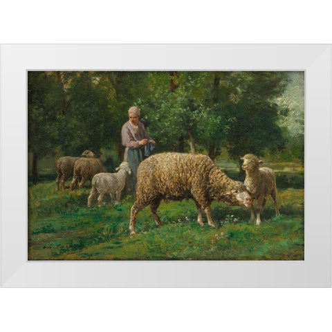 Shepherdess with Sheep White Modern Wood Framed Art Print by Jacque, Charles-Emile