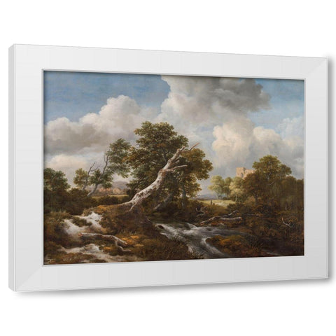 Low Waterfall in a Wooded Landscape with a Dead Beech Tree White Modern Wood Framed Art Print by Ruisdael, Jacob van