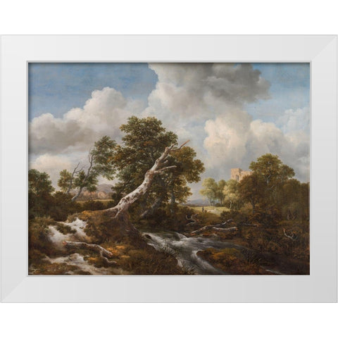 Low Waterfall in a Wooded Landscape with a Dead Beech Tree White Modern Wood Framed Art Print by Ruisdael, Jacob van