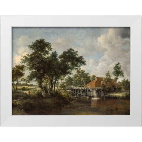 The Watermill with the Great Red Roof 1665 White Modern Wood Framed Art Print by Hobbema, Meindert