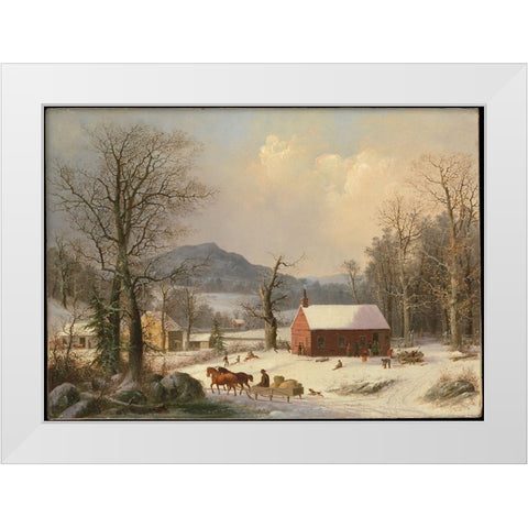 Red School House (Country Scene) 1858 White Modern Wood Framed Art Print by Durrie, George Henry