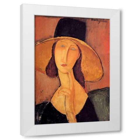 Portrait dune jeune femme au chapeau (Jeanne Hobuterne avec un grand chapeau) White Modern Wood Framed Art Print by Modigliani, Amedeo