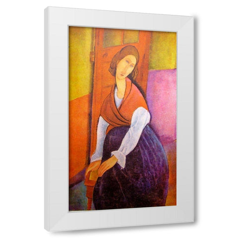 Lady in red shawl White Modern Wood Framed Art Print by Modigliani, Amedeo