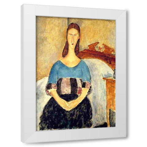 Seated lady on bed White Modern Wood Framed Art Print by Modigliani, Amedeo