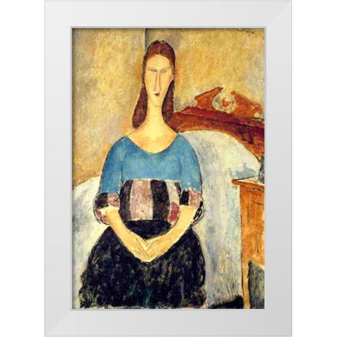 Seated lady on bed White Modern Wood Framed Art Print by Modigliani, Amedeo