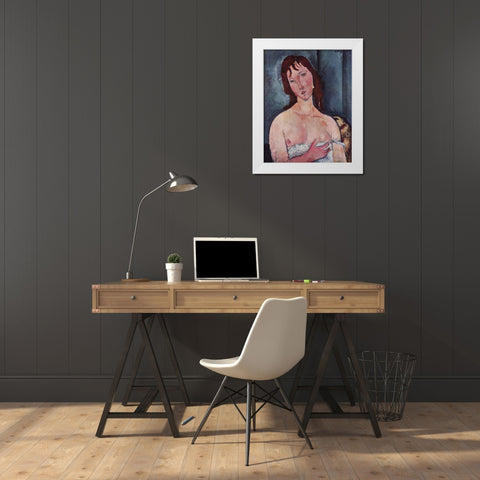 Head and shoulders of a woman White Modern Wood Framed Art Print by Modigliani, Amedeo