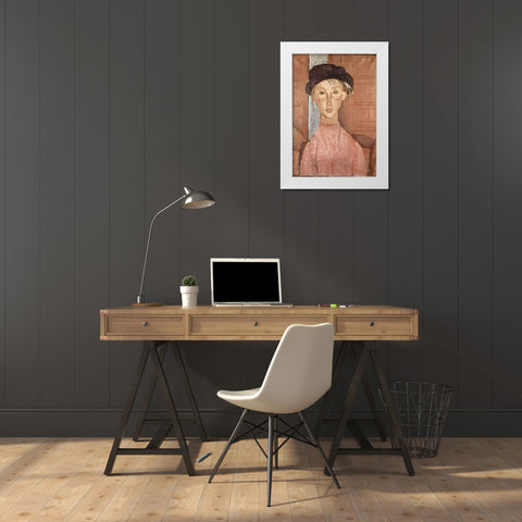 Seated woman with hat White Modern Wood Framed Art Print by Modigliani, Amedeo
