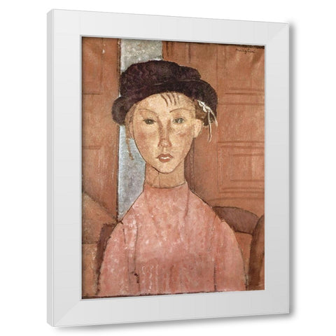 Seated woman with hat White Modern Wood Framed Art Print by Modigliani, Amedeo