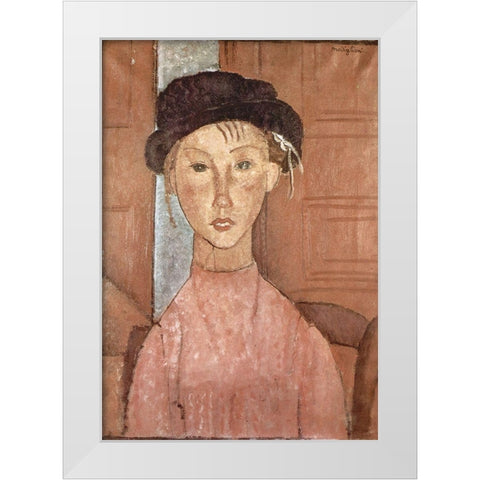 Seated woman with hat White Modern Wood Framed Art Print by Modigliani, Amedeo
