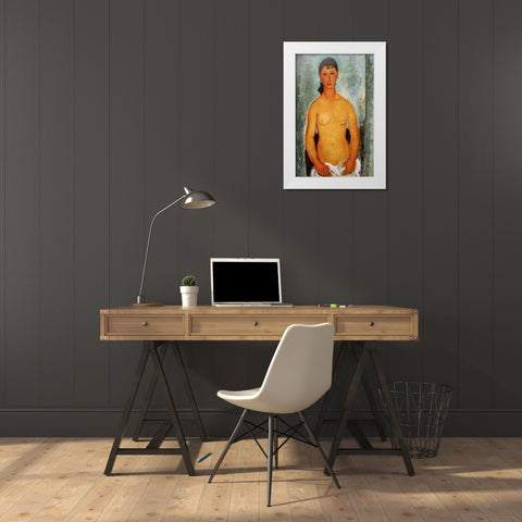 Seated nude girl White Modern Wood Framed Art Print by Modigliani, Amedeo