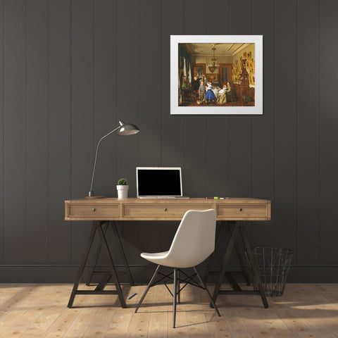 The Contest for the Bouquet: The Family of Robert Gordon in Their New York Dining-Room White Modern Wood Framed Art Print by Guy, Seymour Joseph