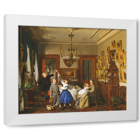 The Contest for the Bouquet: The Family of Robert Gordon in Their New York Dining-Room White Modern Wood Framed Art Print by Guy, Seymour Joseph