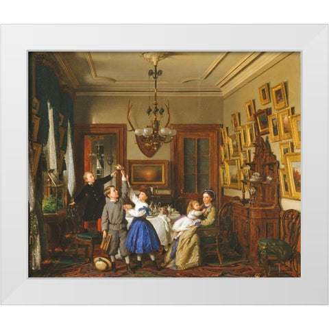 The Contest for the Bouquet: The Family of Robert Gordon in Their New York Dining-Room White Modern Wood Framed Art Print by Guy, Seymour Joseph