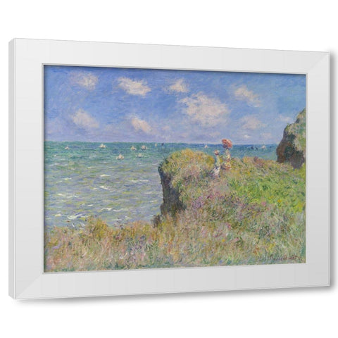 Cliff Walk at Pourville White Modern Wood Framed Art Print by Monet, Claude