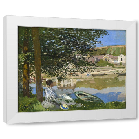 On the Bank of the Seine, Bennecourt White Modern Wood Framed Art Print by Monet, Claude