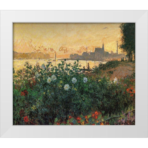 Flowered Riverbank, Argenteuil White Modern Wood Framed Art Print by Monet, Claude