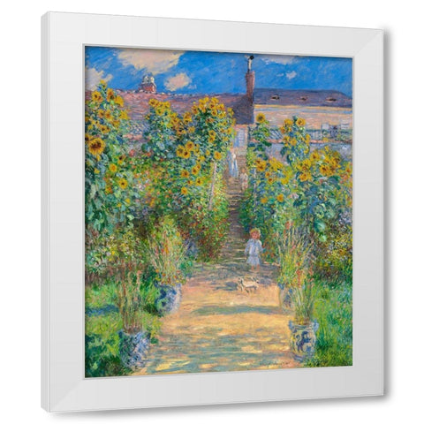 Garden of the artist at Vetheuil White Modern Wood Framed Art Print by Monet, Claude