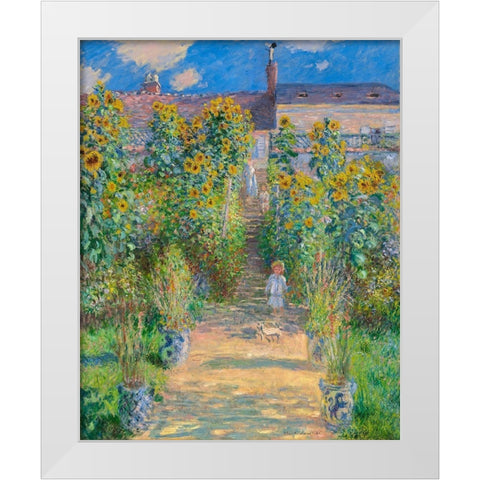 Garden of the artist at Vetheuil White Modern Wood Framed Art Print by Monet, Claude