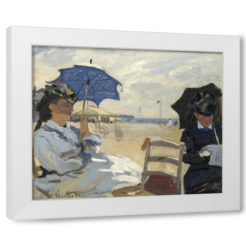 At the beach of Trouville White Modern Wood Framed Art Print by Monet, Claude
