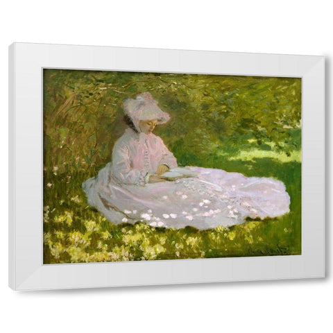 Springtime White Modern Wood Framed Art Print by Monet, Claude