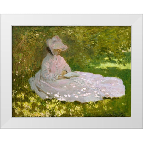 Springtime White Modern Wood Framed Art Print by Monet, Claude