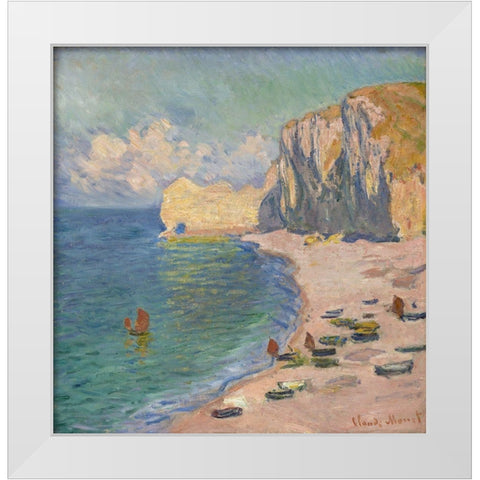 The Beach and the Falaise d Amont White Modern Wood Framed Art Print by Monet, Claude