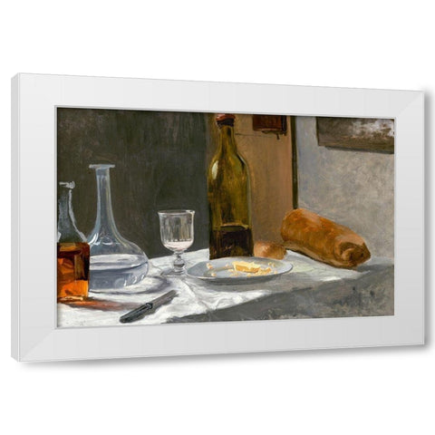 Still Life with Bottle, Carafe, Bread, and Wine White Modern Wood Framed Art Print by Monet, Claude