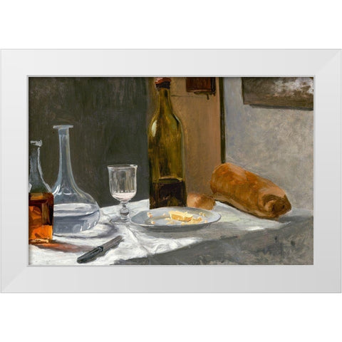 Still Life with Bottle, Carafe, Bread, and Wine White Modern Wood Framed Art Print by Monet, Claude