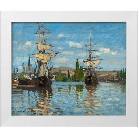 Ships Riding on the Seine at Rouen White Modern Wood Framed Art Print by Monet, Claude